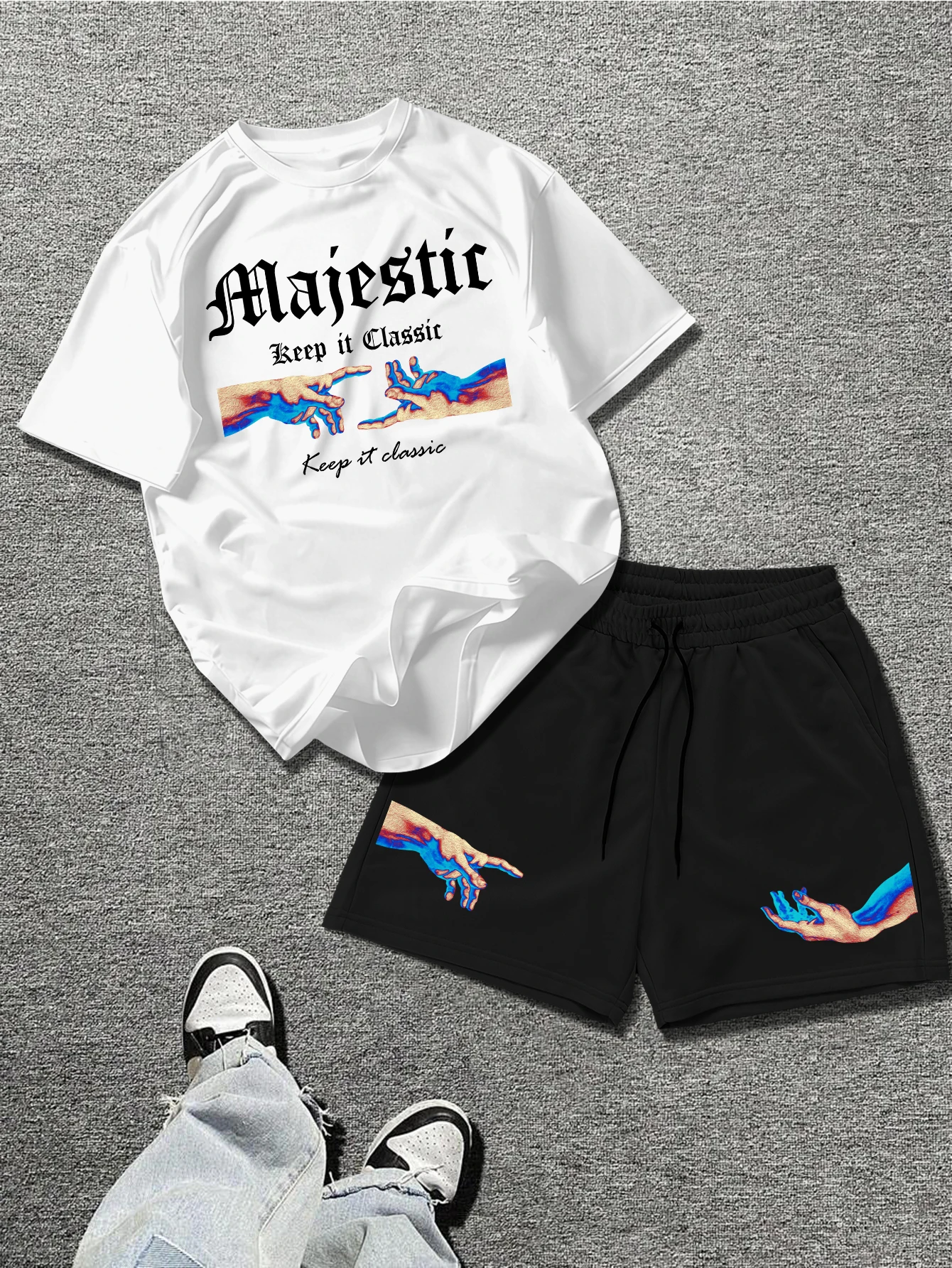 

Aesthetic Art Hands Print Men's 2PCS Tracksuit Majestic Letter Short Sleeve Tee And Drawstring Shorts Casual Daily Outfit