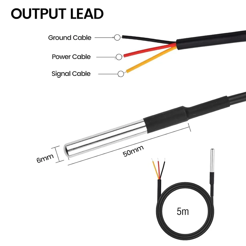 DS18B20 Temperatursensor 5 Stück 5 m Edelstahl wasserdichtes Kabelpaket Digitaler Thermostat Temperaturfühler