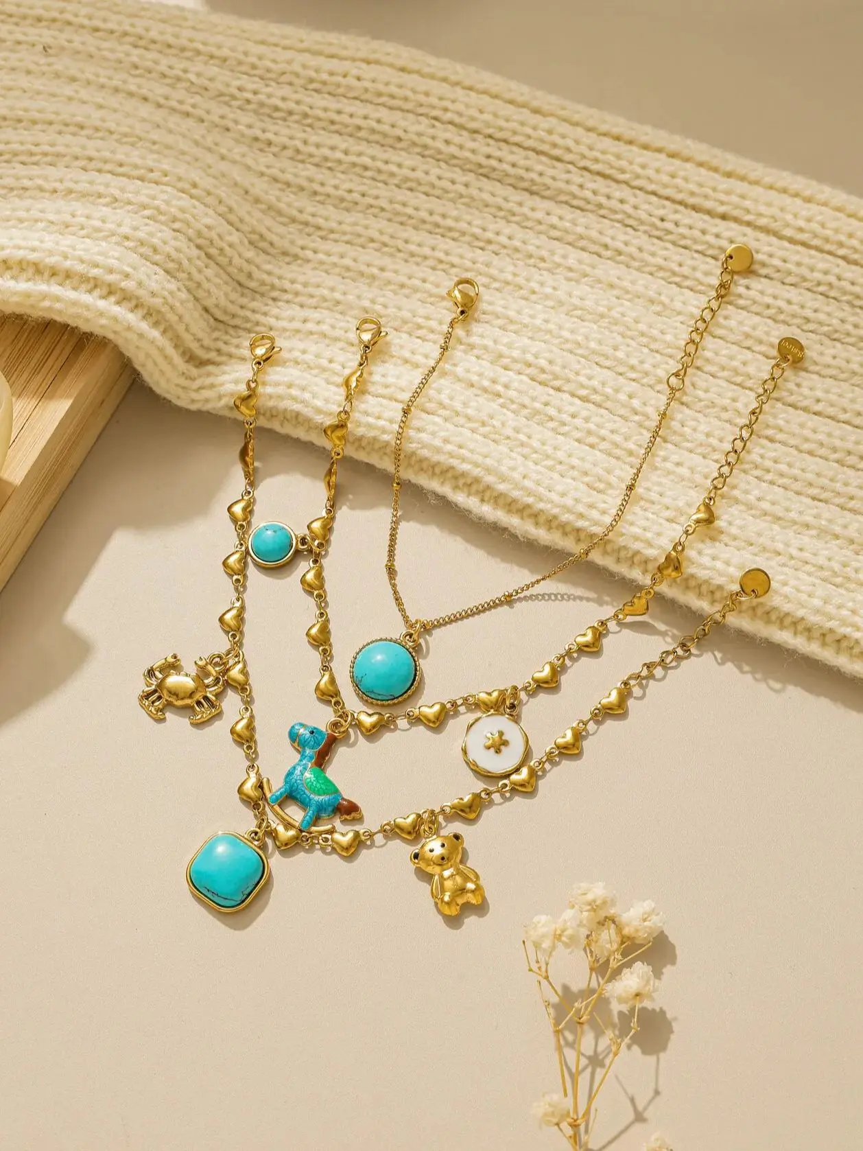 316L الفولاذ المقاوم للصدأ الذهب مربع الجولة الفيروز المهر الدب قلادة الحب سلسلة سوار المرأة موضة جديدة لطيف مجوهرات هدية