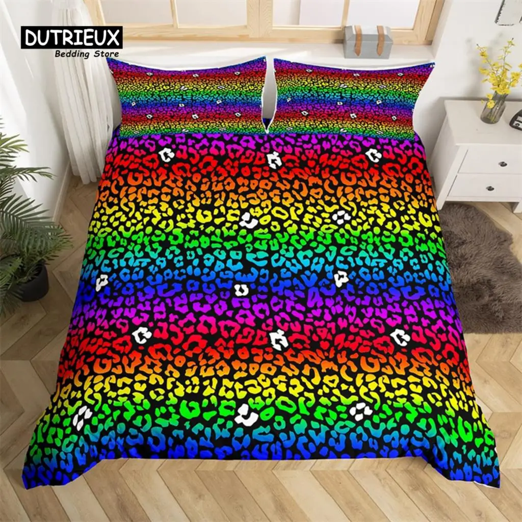 Girls Colorful Leopard Print Duvet Cover Rainbow Wild Animal Bedding Set Microfiber 3D Safari Cheetah Skin Quilt Cover King Size