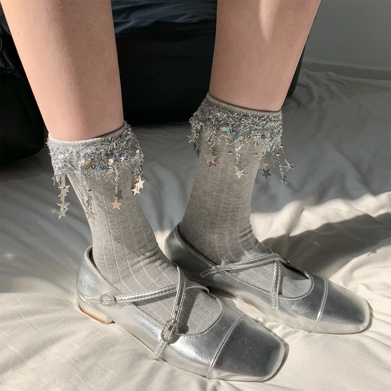 Y2K Sparkly Star Charml Mid-Calf Socks Women Balletcore Shiny Fringe Ballet Shoes Sock Gothic Korean Fashion Star Sparkly Socks