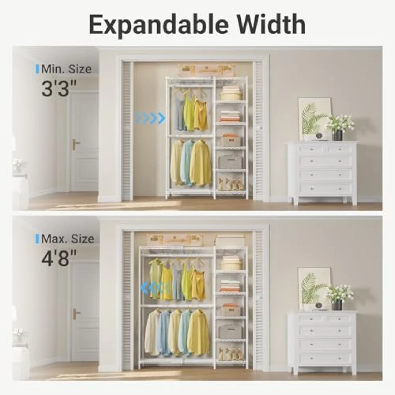 X2 Expandable Clothes Rack Portable Closet Organizer System White | Heavy Duty Closet Racks Adjustable from 3'3
