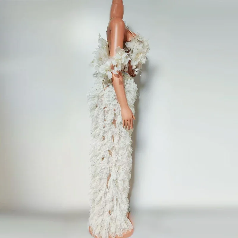 Stage Wedding Outfit White Flower show Trailing Dress Women Celebrate Evening Dresses Sexy Pole Dance Costume