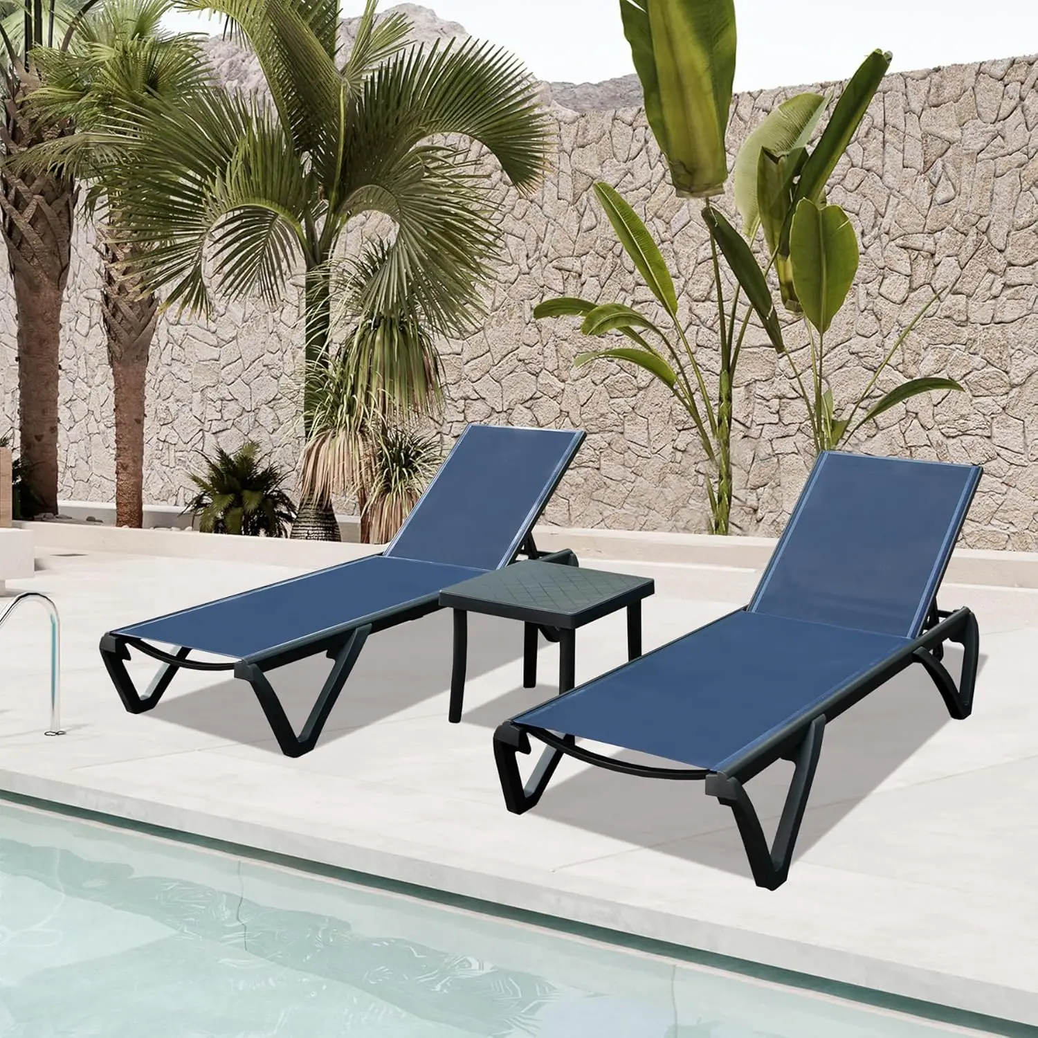 

Pool Lounge Chair Set of 3, Aluminum Outdoor Chaise Lounge with Side Table,5 Position Adjustable Backrest and, Customized