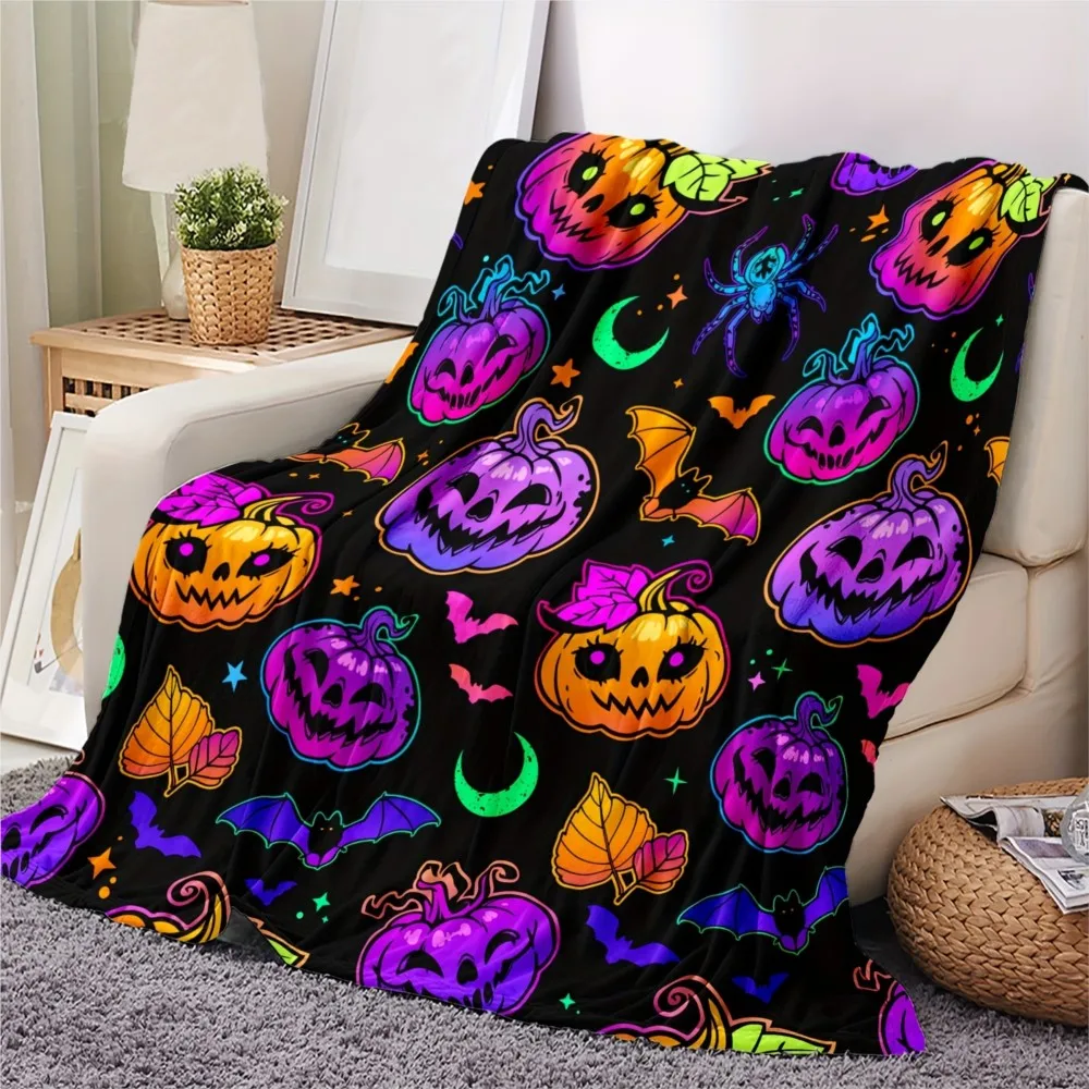 1pc Soft Warm Halloween Blanket with Pumpkin Bat Spider Leaf and Moon Print Perfect for Couch Sofa Bed Office Camping Traveling