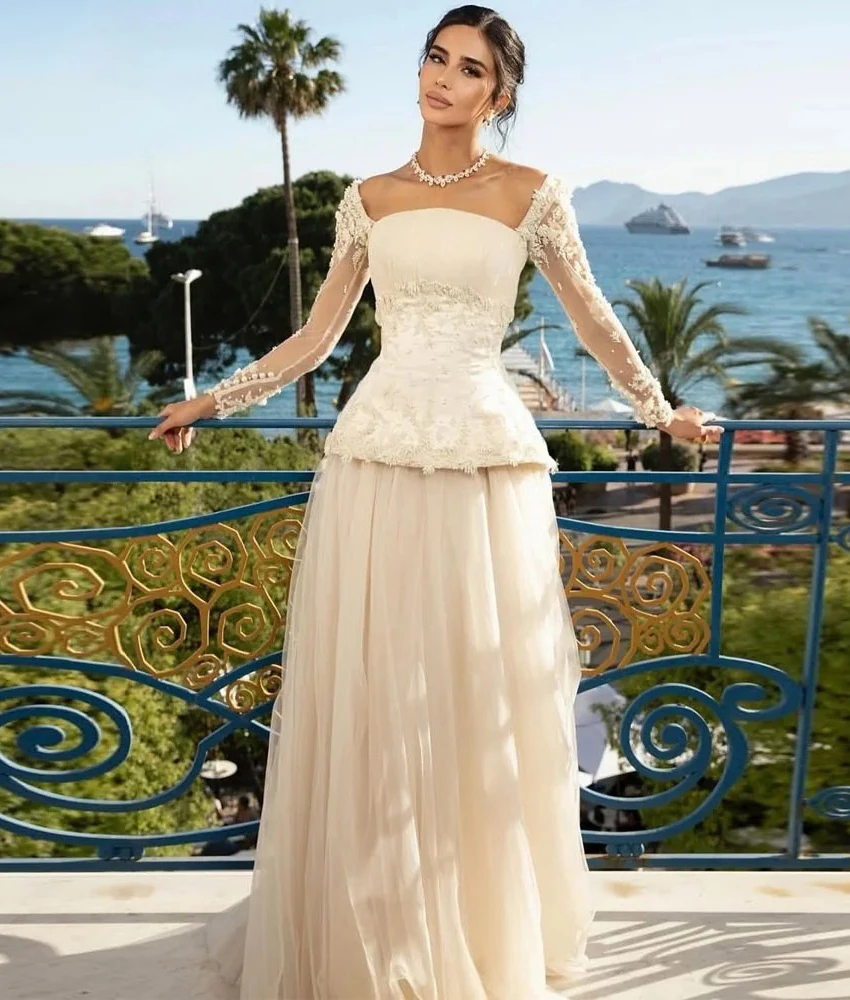 

MCDV Customized Graceful Tulle A-Line Appliques Pearls Beading Evening Dress Temperament Square Neck Long Sleeves Prom Gowns