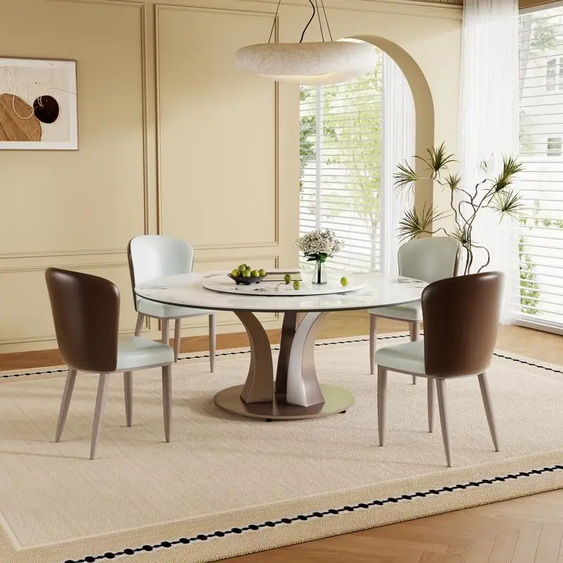 

59" Round Dining Table with Rotating Lazy Susan & Heat-Resistant Stone Top for Kitchen or Dining Room, Includes 4 Chairs