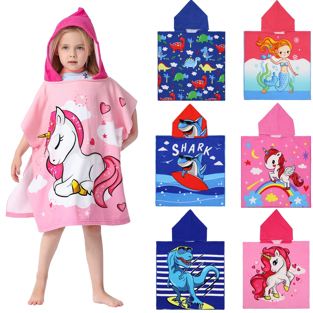 Baby Cartoon Printing Bathrobe Girls Unicorn Beach Towel Boy Shark Dinosaur Bath Towel Kids Hooded Cape Towel Children Bath Item