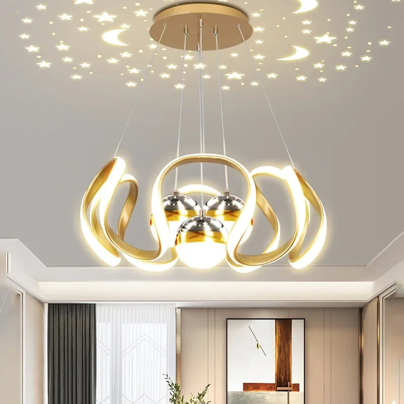 Modern LED Chandelier Star Moon Projection Pendant Light Creative Curved Hanging Lamp for Living Room Bedroom Dining Room Decor