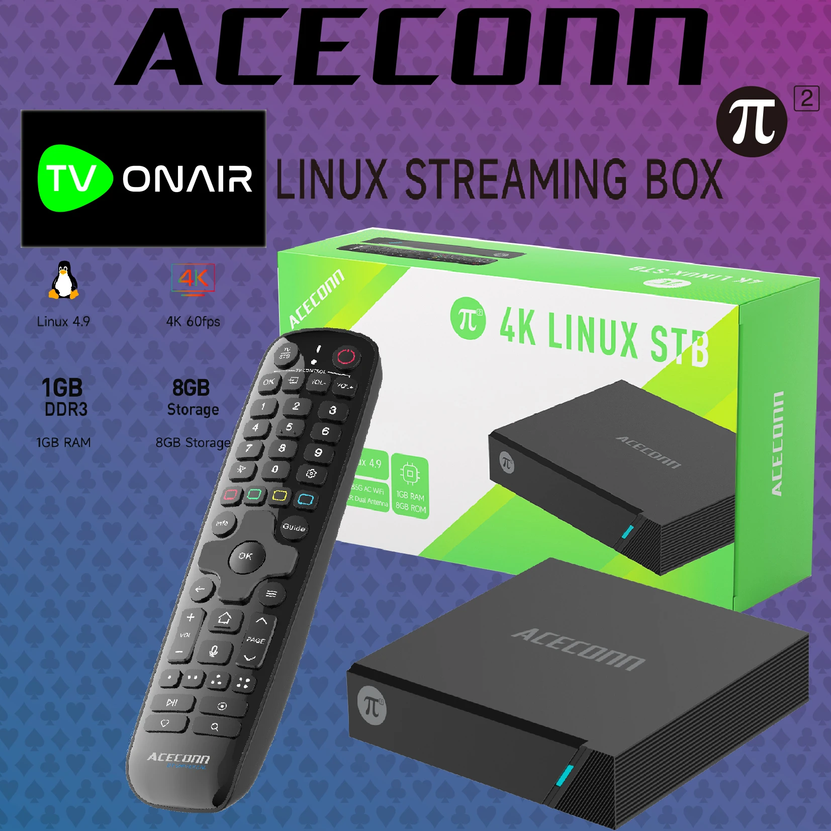 TVONAIR 4K IPTV TV Box ACECONN Linux STB 8GB & 1GB RAM Memory