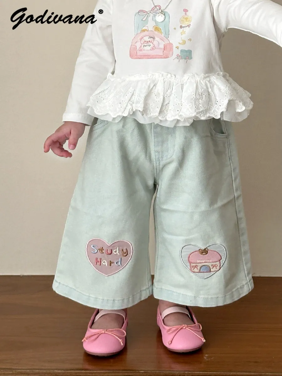 

Cute Baby Girls Denim Wide Leg Pants 2026 New Spring and Summer Kids Korean Fashion Heart Embroidery Print Loose Casual Trousers