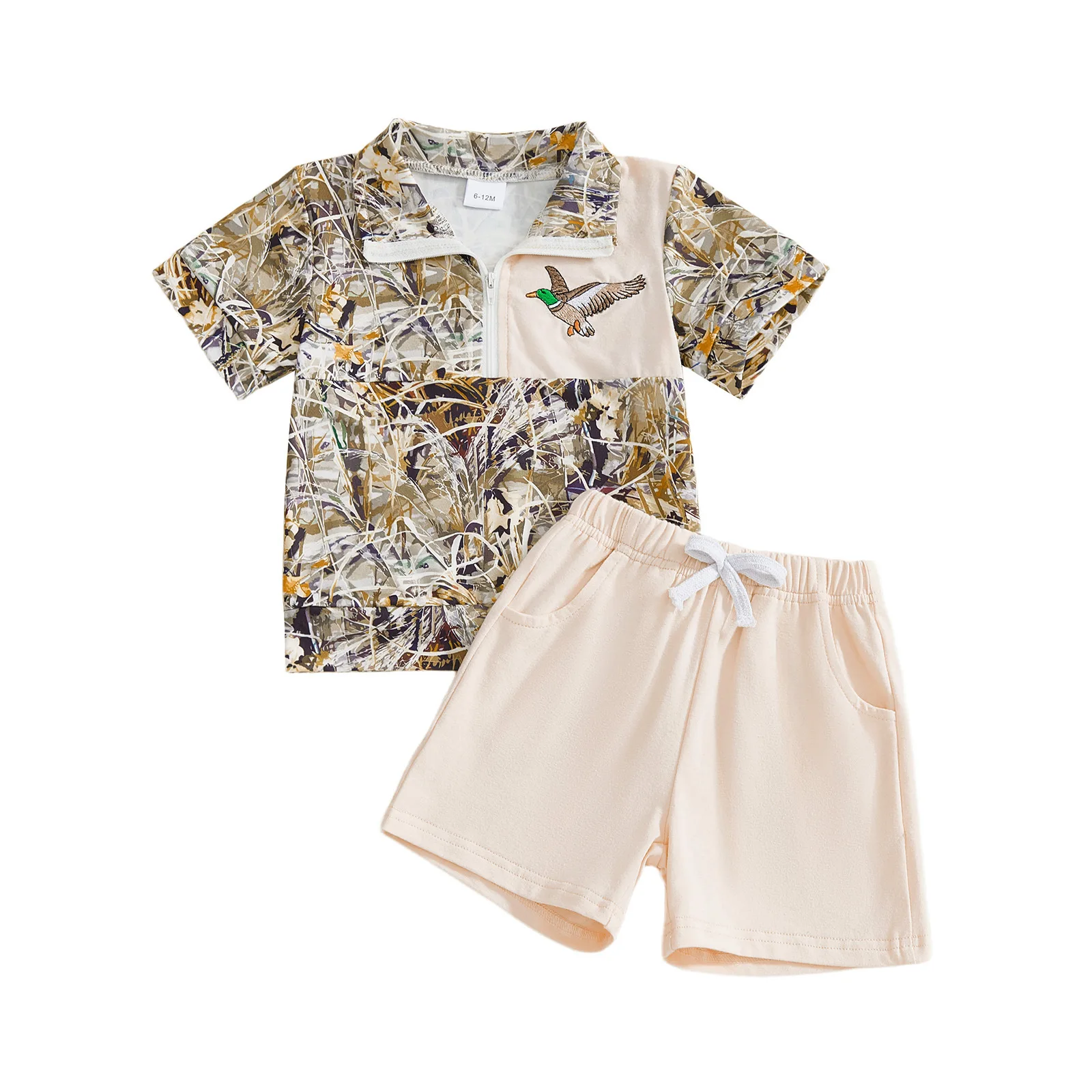 Wild Duck Embroidered Camouflage Print Boys Summer Half-zip Short-sleeved Top and Shorts Boutique Set RTS