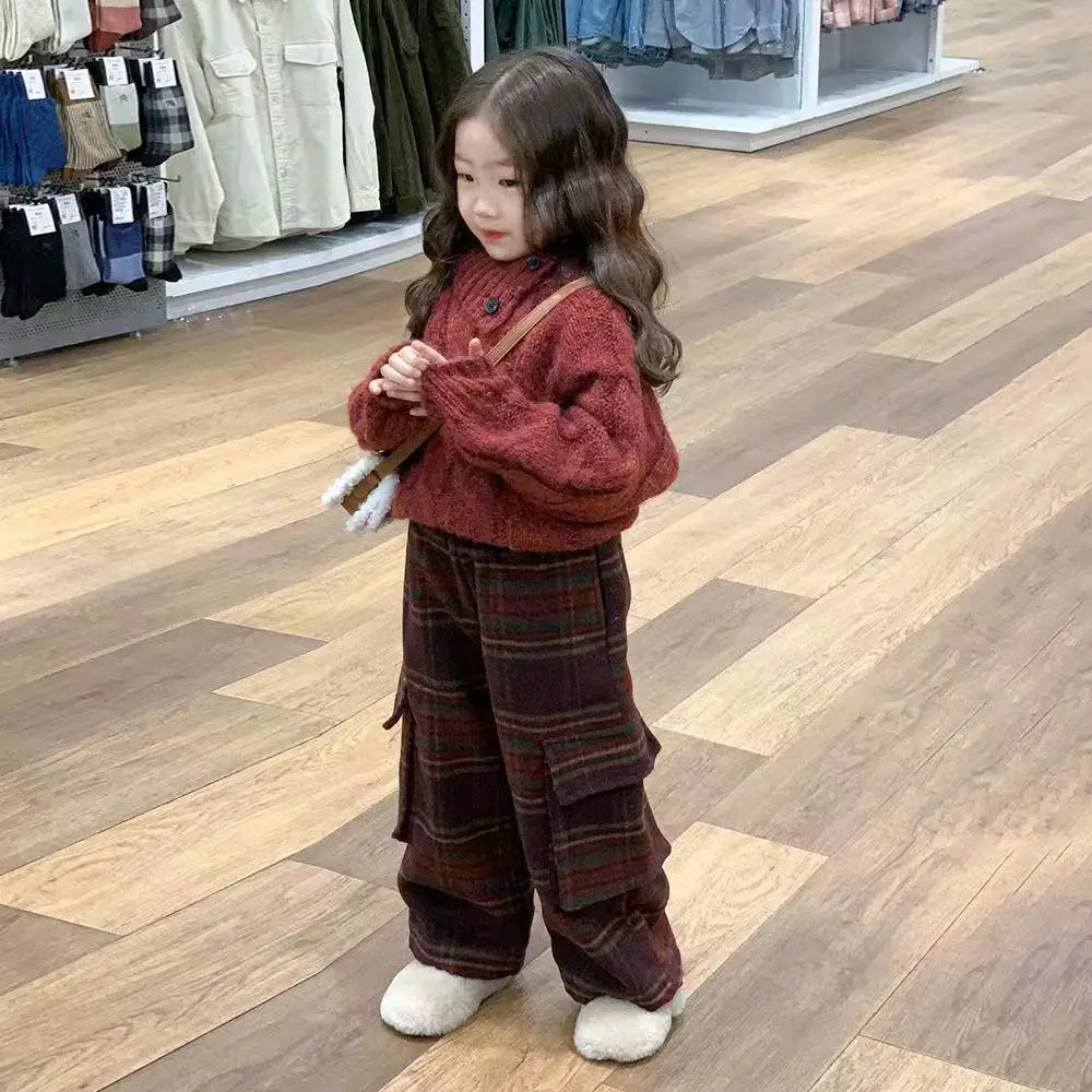 

Autumn And Winter Girls Set 2025 New Children's Retro Plush Thick Checkered Pants+Sweater Two Piece Set 90-140cm