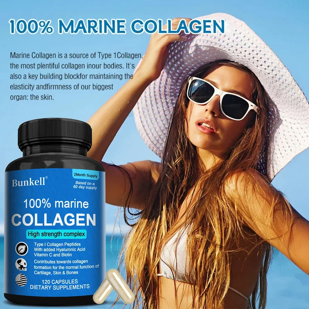 100% Marine Collagen - Hyaluronic Acid & Vitamin C for Hair Nails Joints Skin High Strength Collagen Supplement for Men & Women