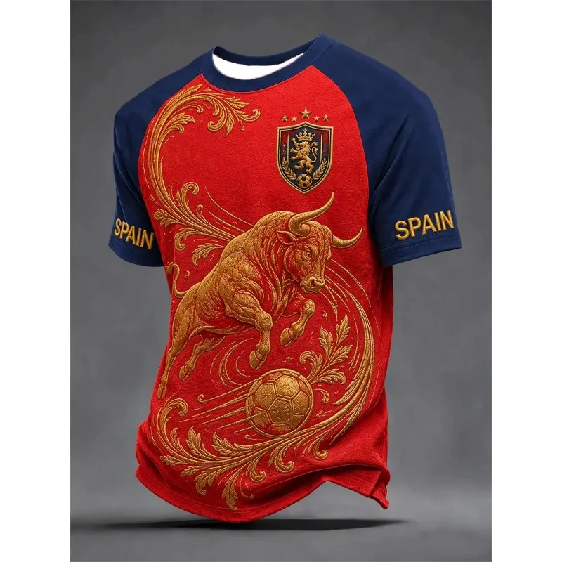 Maillot de football unisexe inspiré des supporters de l'Espagne, rouge marine, raglan, imprimé 3D Taureau Doré, séchage rapide, respirant