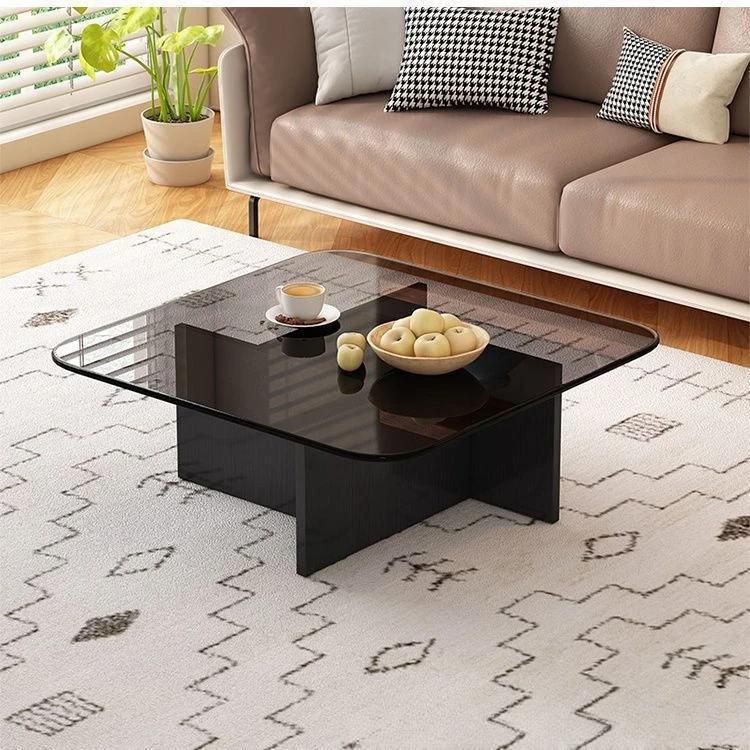 Cross-border direct sales tempered glass antique coffee table coffee table living room balcony solid wood base light luxury