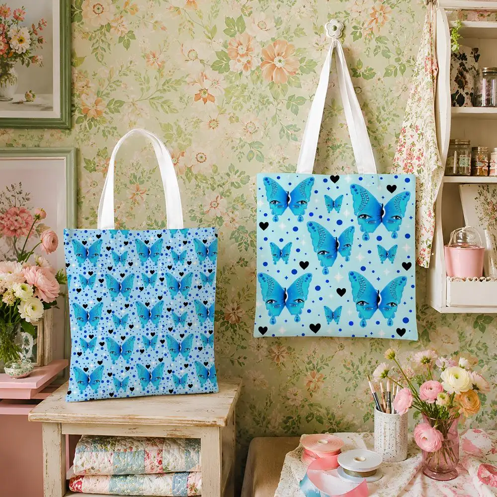 Y2K Blue Butterfly Eyes Canvas Tote Bag Versatile Storage for Shopping Work School Travel Daily Carry