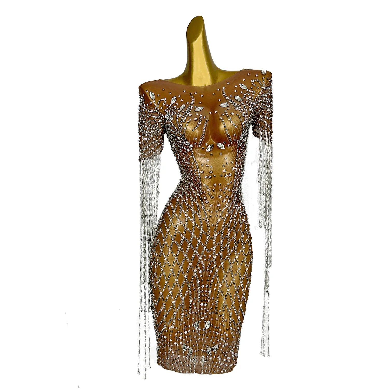 

Sexy Performance Costume Sexy Silver Rhinestones Fringes Brown Mesh Stretch Dress Evening Birthday Celebrate Outfit Shengkai