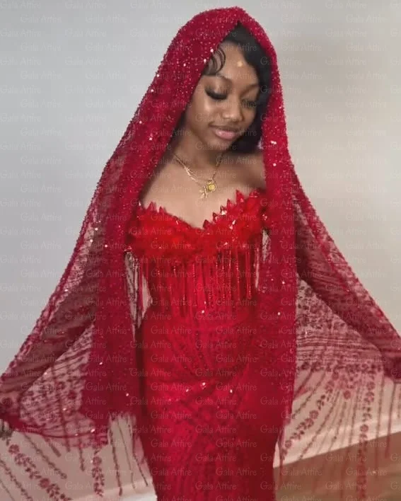 Luxury Red Prom Dresses With Veil 2026 Sequin Beading Black Girls Evening Dress 2025 Sleeveless Birthday Party Gowns Customized