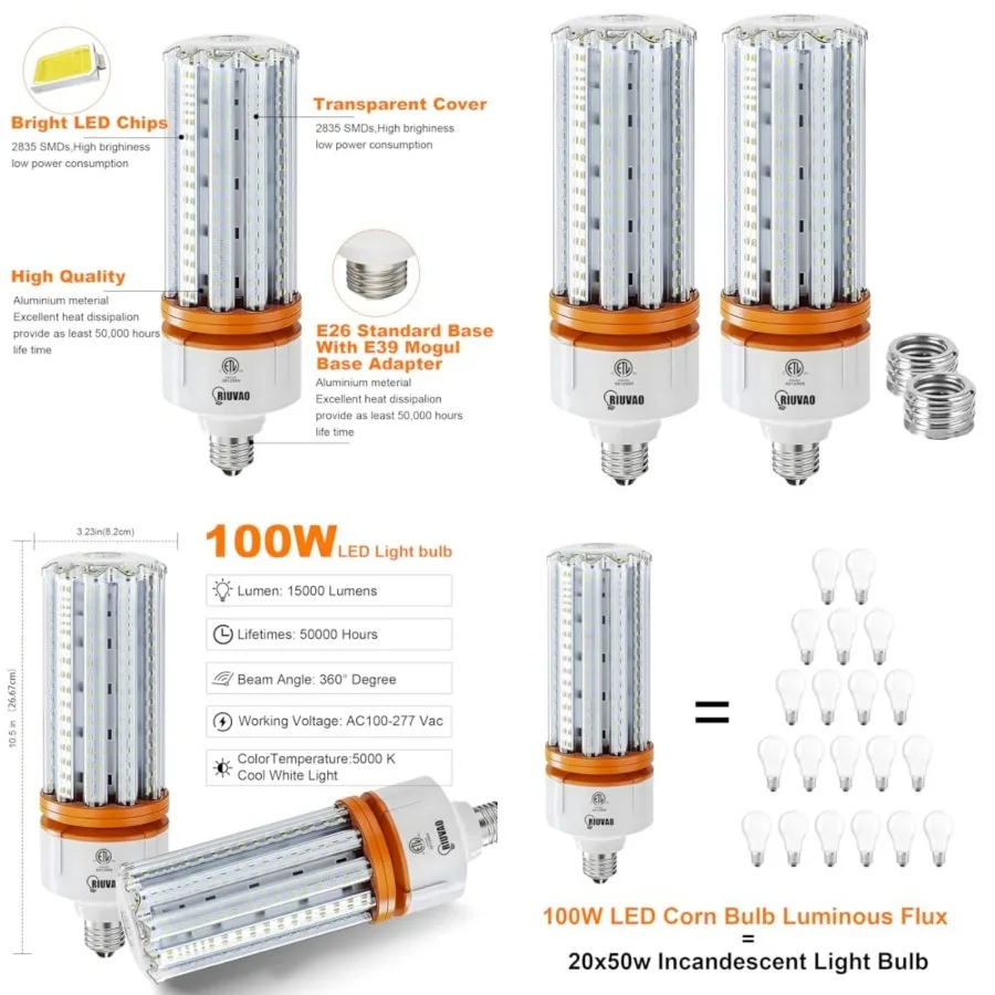 

1000W Equivalent LED Corn Light Bulbs, 2 Pack 100W Led Corn Bulb 5000K Daylight White E26 E39 for Large Area Lighting, Warehous