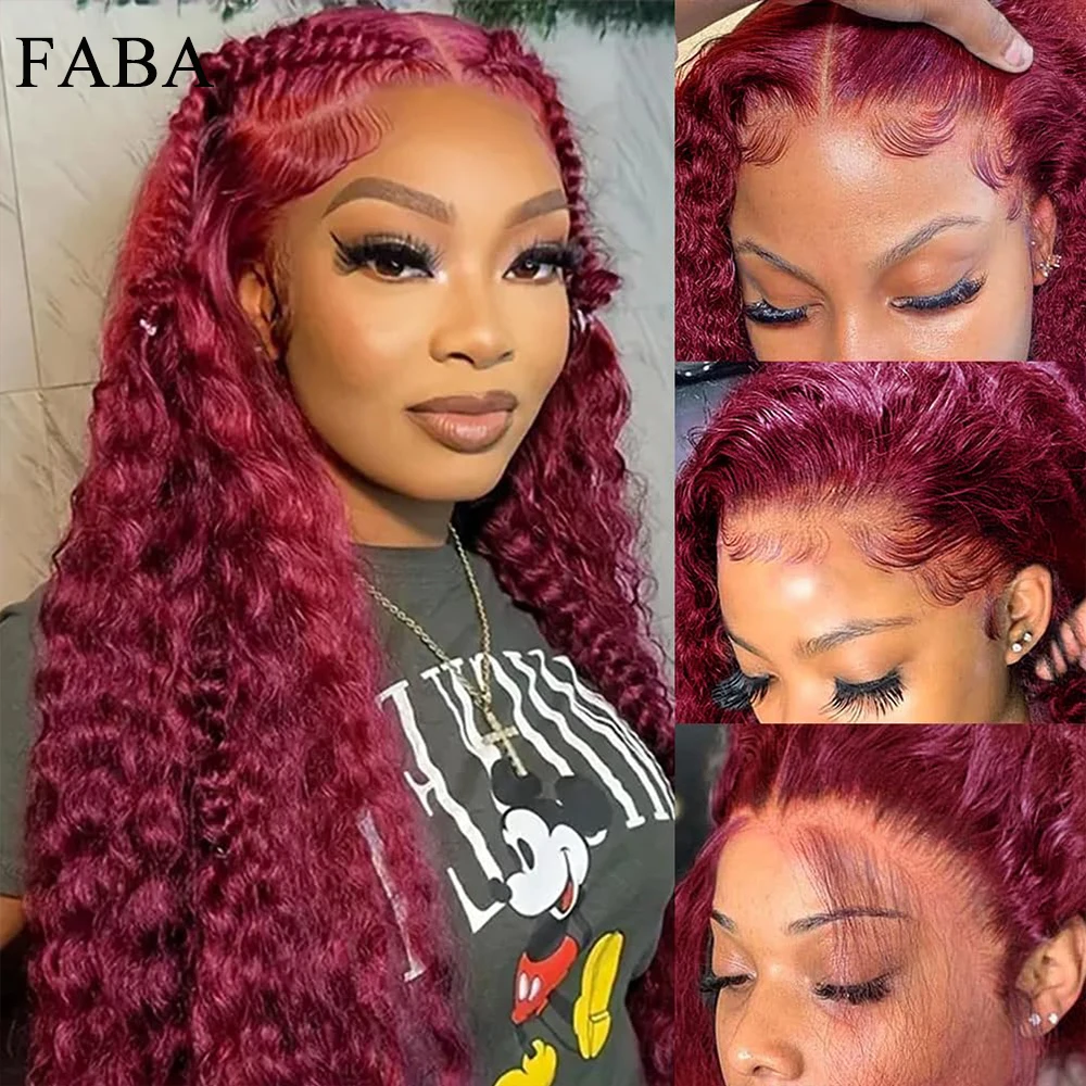 FABA Burgundy Curly Human Hair Wigs 13x4 HD Lace Front Wigs 99j Burgundy Deep Wave Lace Front Wigs with Baby Hair 180% Density