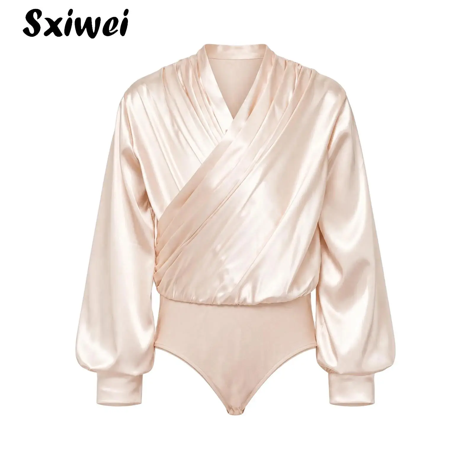 Kids Boys Ruched Satin Shirt Bodysuit V-neck Wrap Front Long Sleeve Crotch Leotard for Piano Performance Birthday Dance Party
