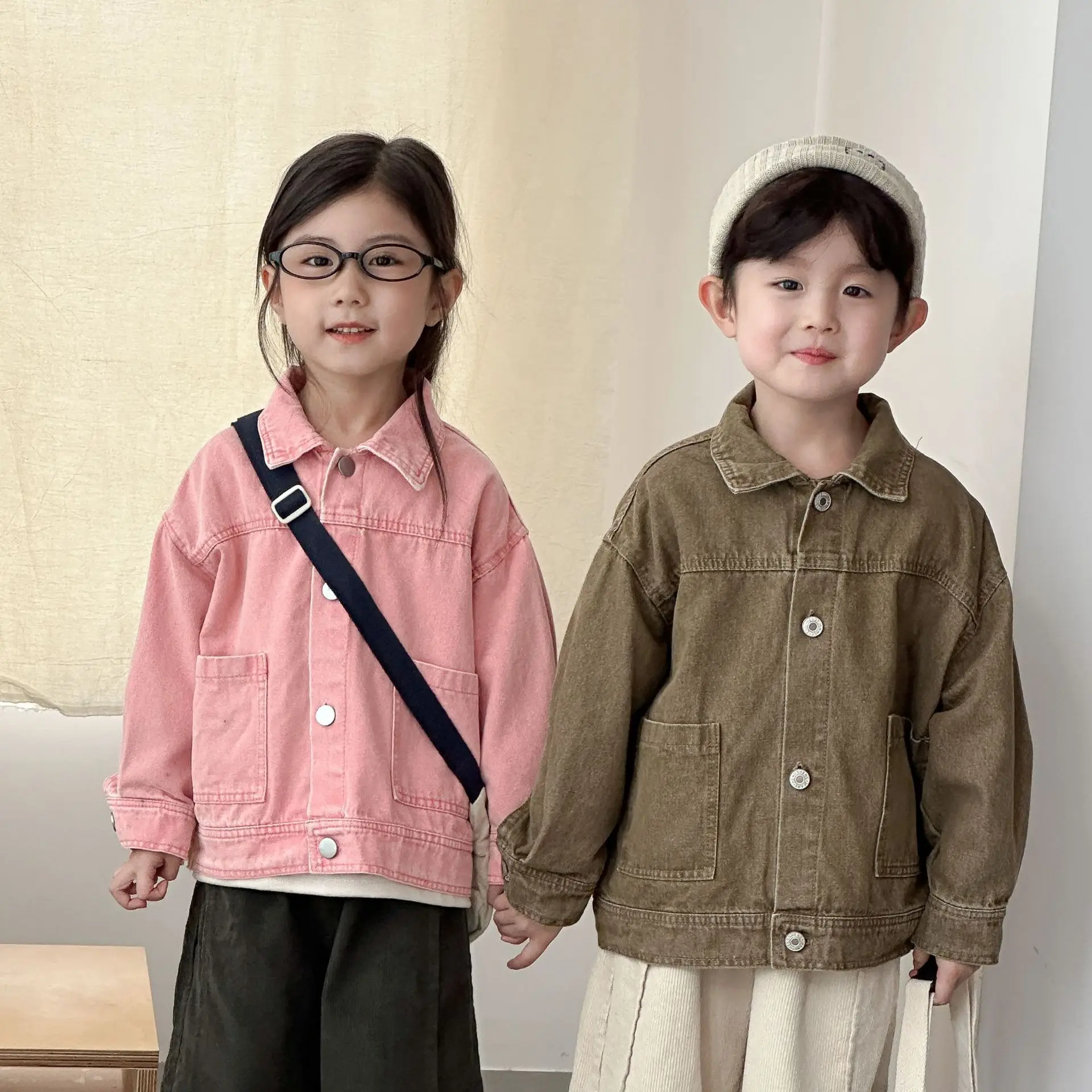 2025年秋新作-子供-長袖コート-無地-女の子-ゆったり-デニムジャケット-男の子-ファッション-カジュアル-カーディガン-ベビー-トップス-キッズ服