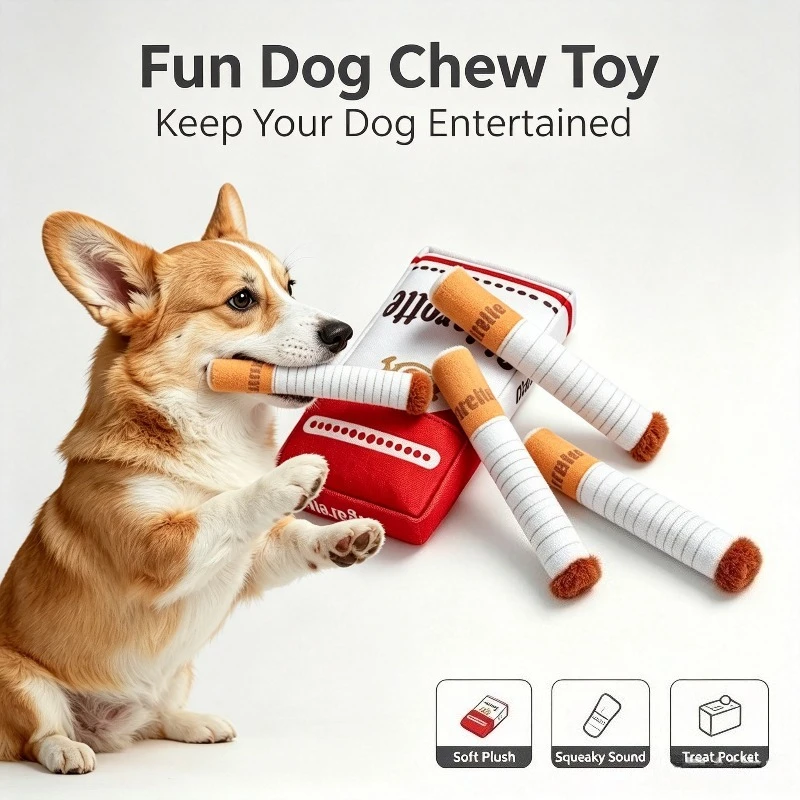 Squeaky Plush Cigarette Case Dog Toy, Interactive Chew Toy for Puppy Teething, Fun Grinding Teeth Gift for Small to Medium Dogs
