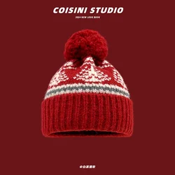 Ins Retro Fair Island Style Jacquard Knitted Hats for Women and Men Winter Warm Casual and Versatile Cute Pom-pom Beanies Cap