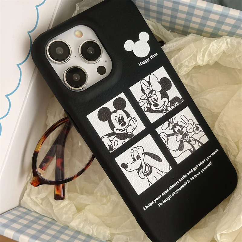 ديزني لطيف أربعة قصر شبكة ميكي ميني جوفي جراب هاتف آيفون 13 14 15 برو ماكس ميكي ماوس جلد ناعم غطاء مضاد للسقوط