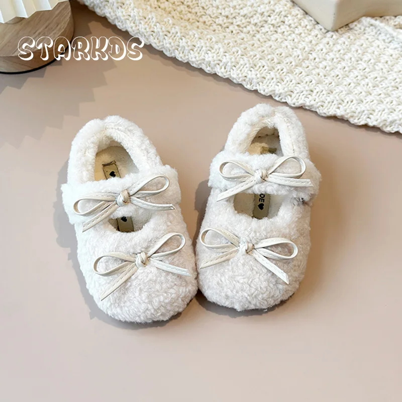 

Butterflyknot Round Toe Lambswool Ballet Flat Kid Girl Winter Warm Plush Loafer Baby Child Brand Design Teddy Fur Mary Jane Shoe