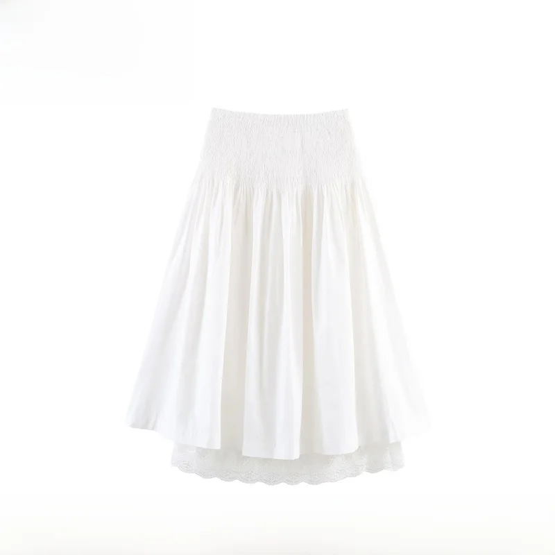 

EVEA New Women's Fashion High Waist Gathered Lace Paneling White Half Skirt Umbrella Skirt Embroidery Casual Polyester Fiber