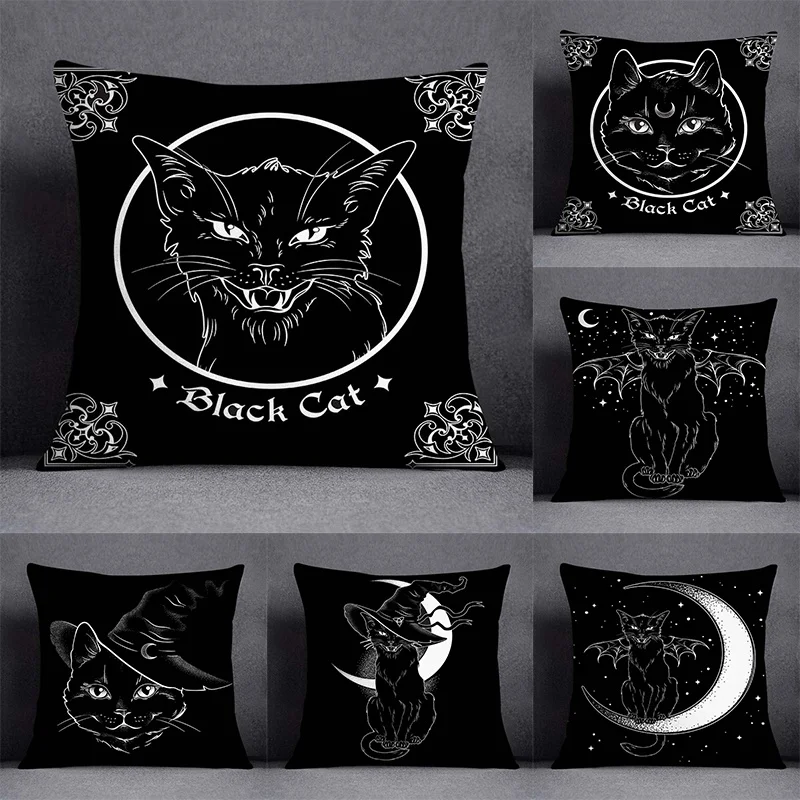 Black Cat Collection Pattern Decorative Pillowcase, Square  Home Office Furnishing Pillowcase Aesthetics