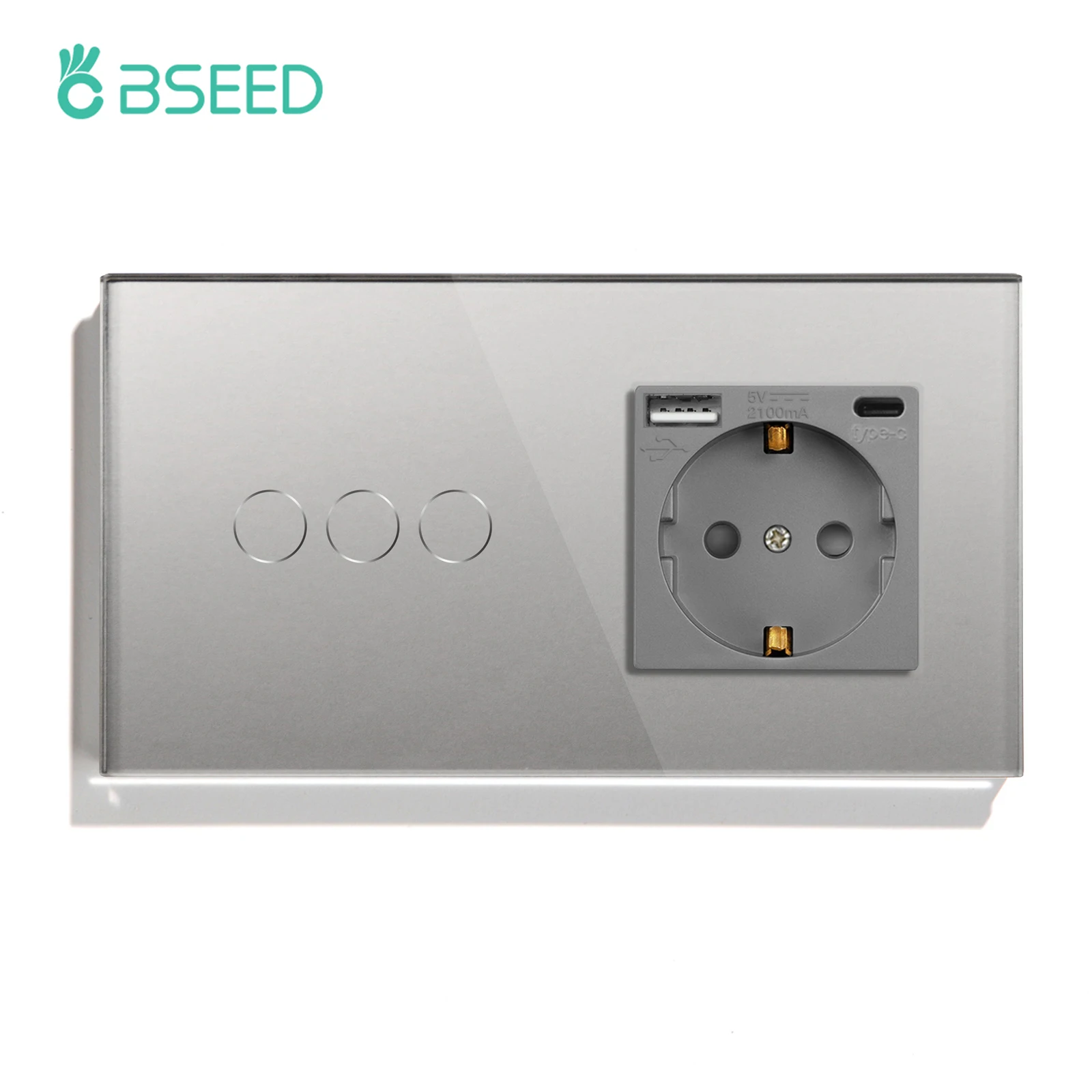 BSEED Touch-Schalter 1/2/3-fach 1-Wege EU-Standard Wandsteckdose mit USB Typ-C Elektrostecker Kristallglas-Panel 157mm 228mm