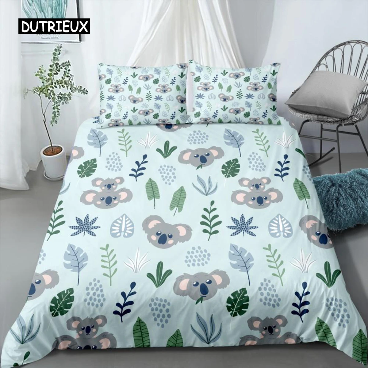 

3D Koala Duvet Cover Set Microfiber Cartoon Leaves Baby Bear Australian Wildlife Themed Bedding Set Queen Size Comforter Cover