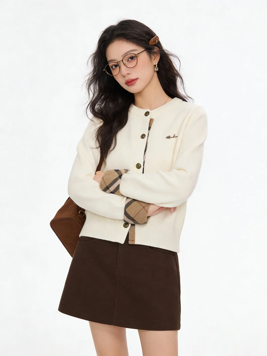 

Korean Sle ort Plaid Knitted Open Cardigan Fake Two-Piece Early Spring Soft Cozy Sweater Women's Faion Spring 2026