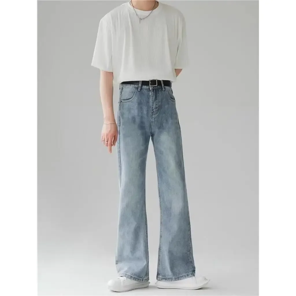 Spring New Streetwear Baggy Flare Jeans Men Korean Fashion Chic Loose Straight Wide Leg Pants Male Denim Trousers Clothing F21