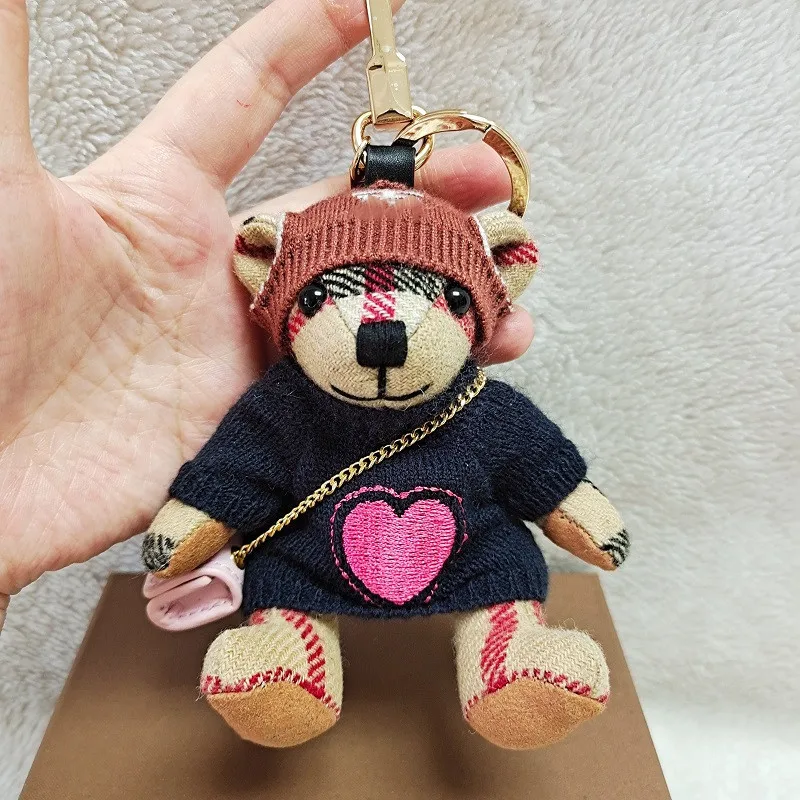 

New Soft Plush Teddy Bear Keychain Car Hanging Ornament Handmade Creative Checkered Design for Women Bag Decor