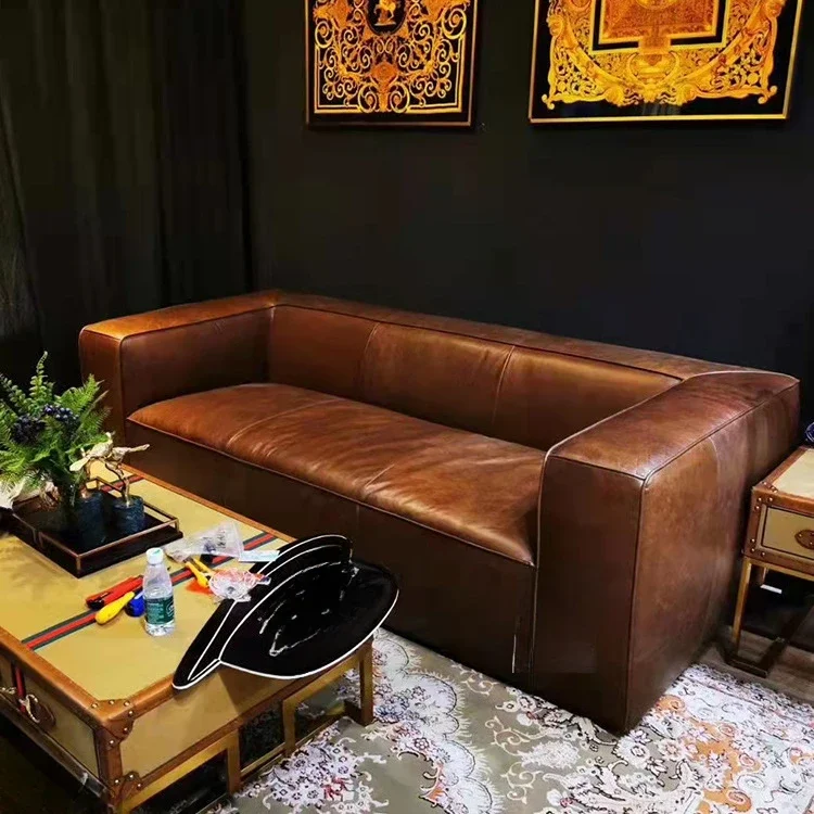 Living room leather sofa 3 people first layer cowhide full leather handmade antique hotel clubhouse