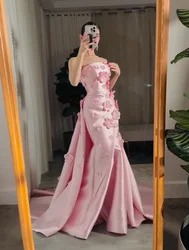 Customized Pink Mermaid Satin Prom Dresses Long for Saudi Arabia Women 2025 Strapless Neck Hand Made 3D Flowers Evening Gowns