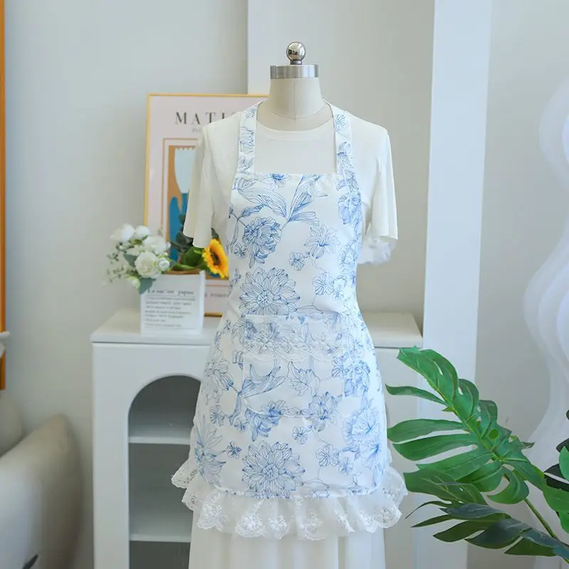 Vintage Blue Floral Halter Neck Apron Poly Cotton Lace Ruffle Kitchen Apron With Pocket Women Baker Florist Housewarming Gift