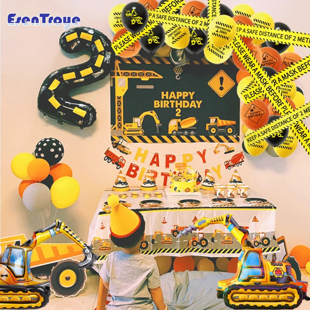 Engineering Vehicle Birthday Disposable Tableware 4D Balloon Cake Topper Banner Construction Boys Birthday Party Favors Supplies