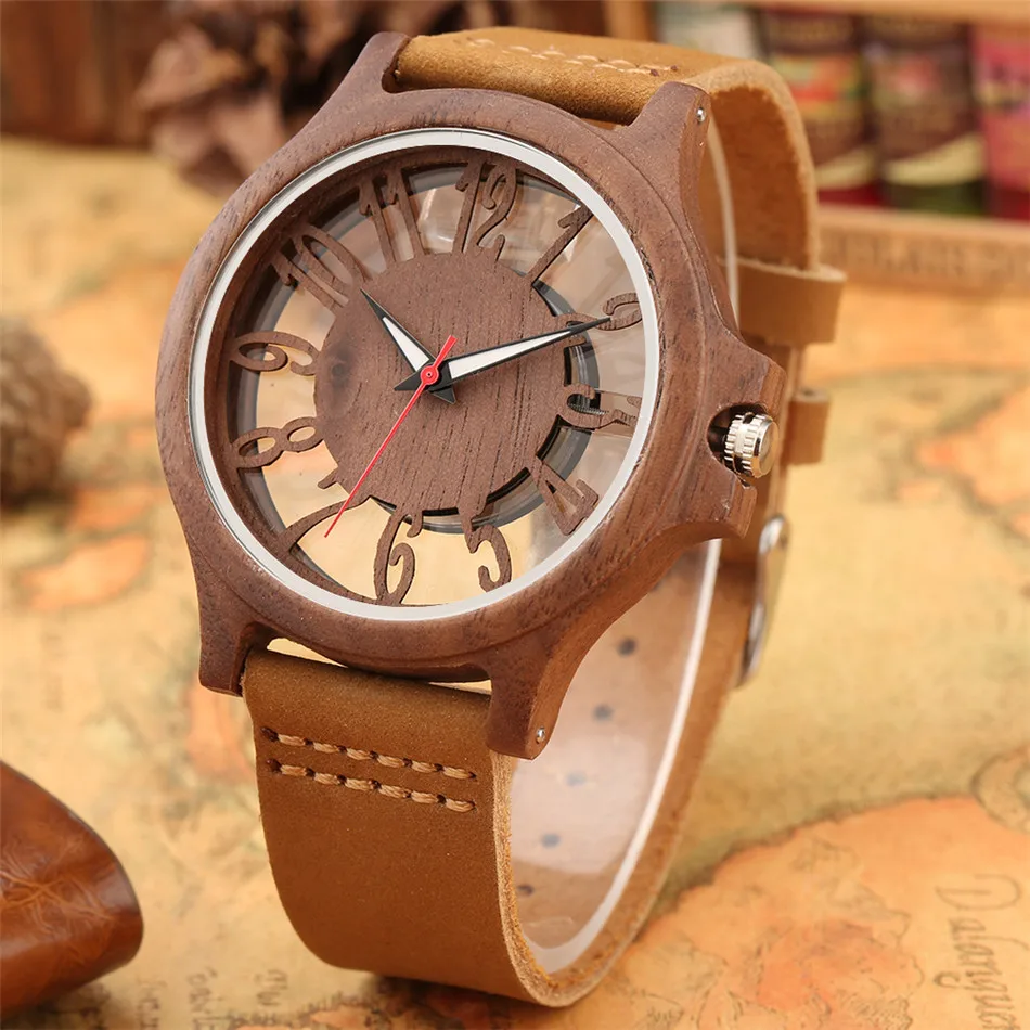 

Transparent Hollow Arabic Numerals Display Men's Wood Watches Chic Fashion Male Quartz Genuine Leather Timepiece New 2020