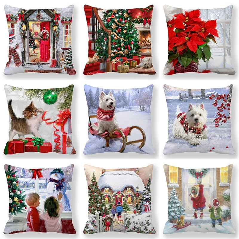 

Decoraciones navideñas para el hogar, funda de cojín de 45x45cm, adornos de muñeco de nieve y Papá Noel, Escena de nieve de Año