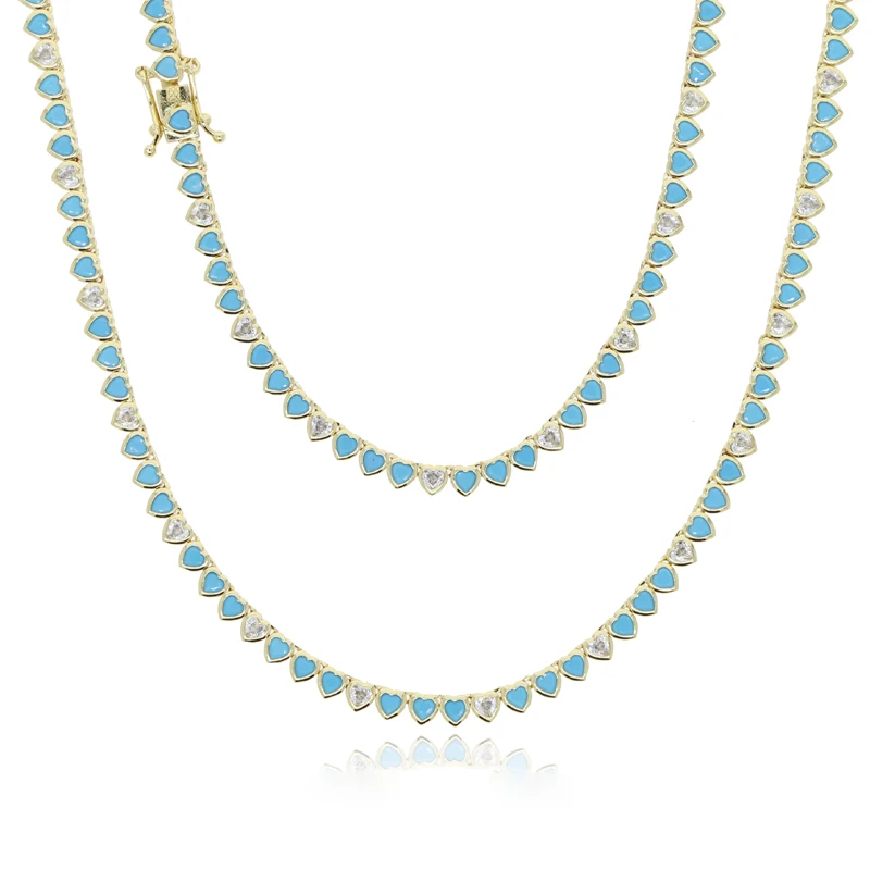

New Luxury Heart Turquoise and Cubic Zirconia Tennis Necklaces for Women Gold Platinum Plated Color Fashion Jewelry for Party