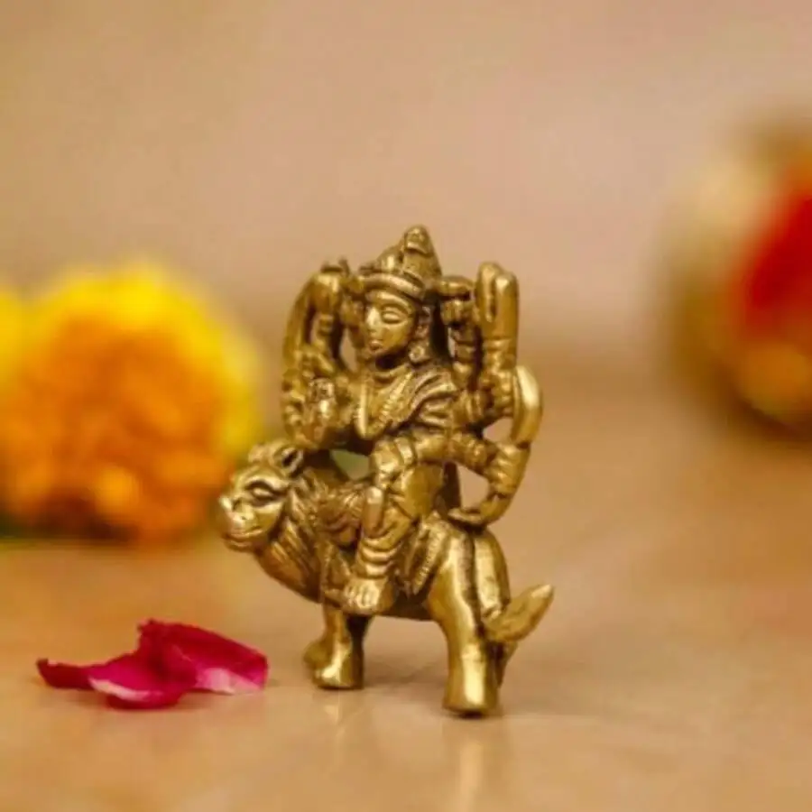 Goddess Durga Statue Brass 2' Durga Miniature Figurine Durga Idol For Home Decor, Office Desk, Puja And Gifting 2.7 Oz