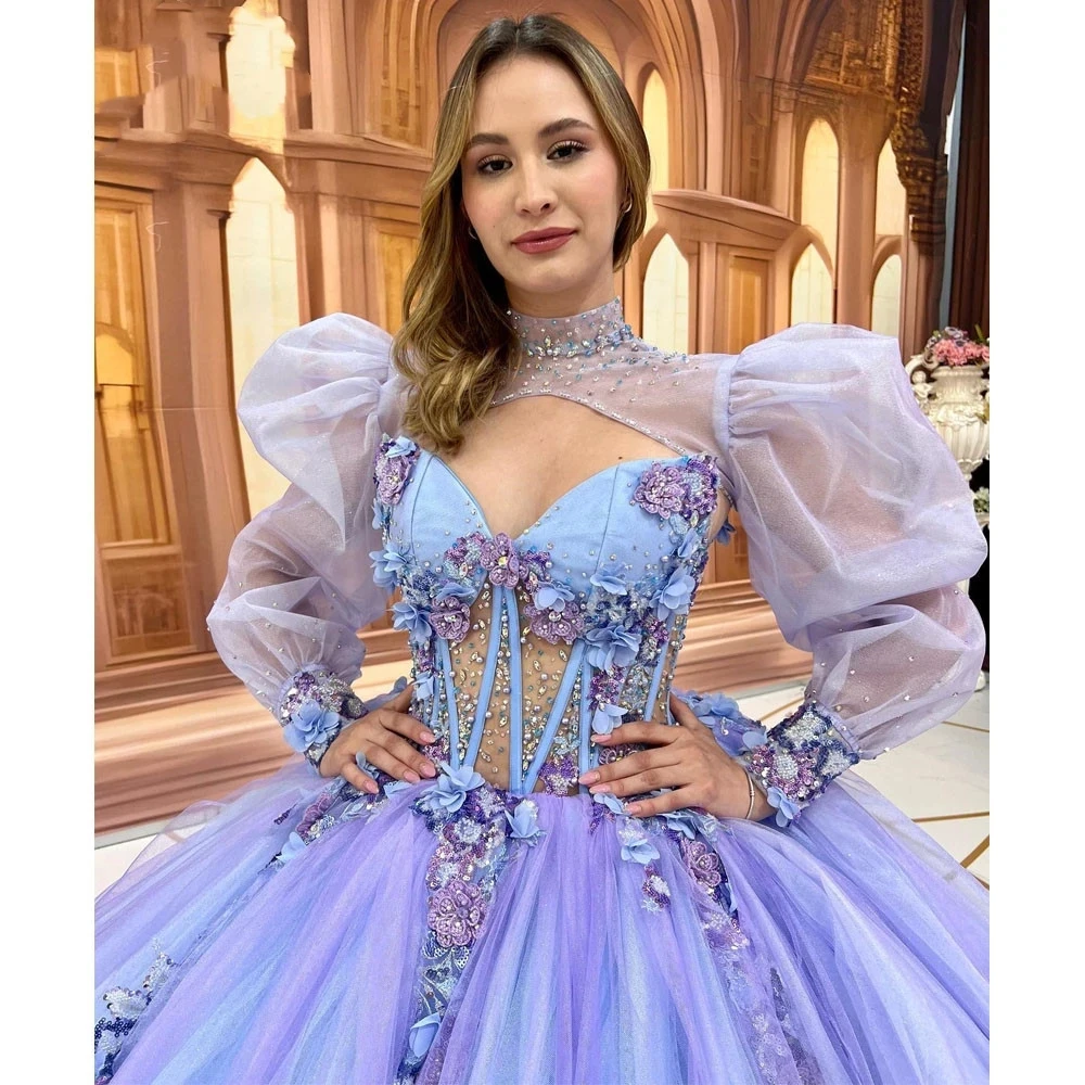 Angelsbridep luxo luz azul e lilás quinceanera vestido com jaqueta miçangas flor festa vestidos de 15 anos personalizado