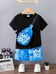 Summer new boy cross-bag short-sleeved shirt + blue lettering printed shorts three-piece suit