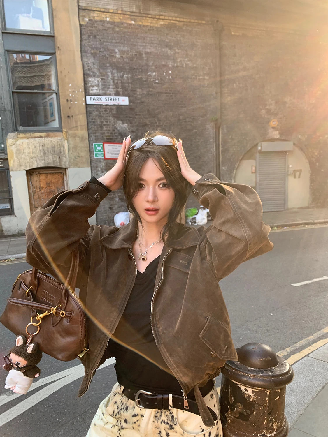 

Ретро-куртка из замши в рабочем стиле, свободная укороченная верхняя одежда для женщин, модная весенне-осенняя модель из искусственной кожи с маленьким отложным воротником на молнии