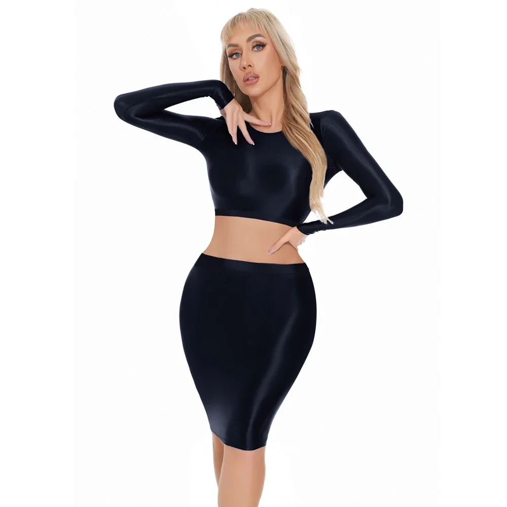 

Сексуальная женская гладкая блестящая юбка с масляной глянцевой трубкой, микро-мини-юбка, эластичные бандажные колготки, посылка, платье на бедрах OL с верхом